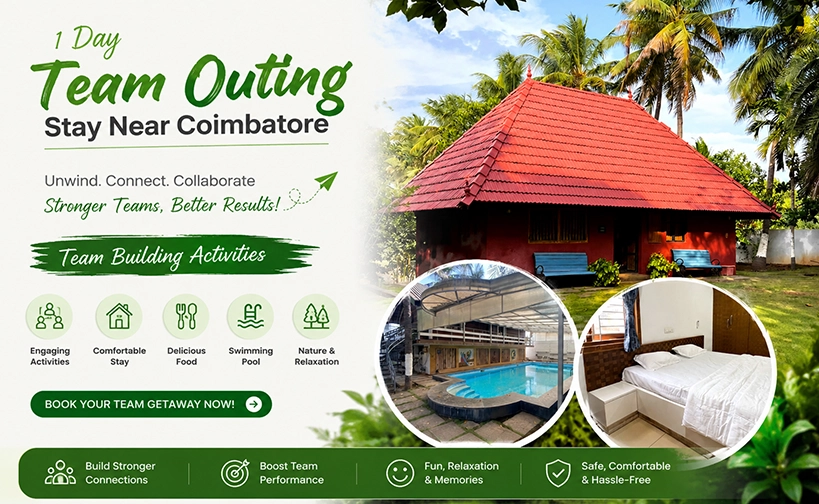 Enjoy a refreshing one day outing near Coimbatore with pool access, games and scenic views.
